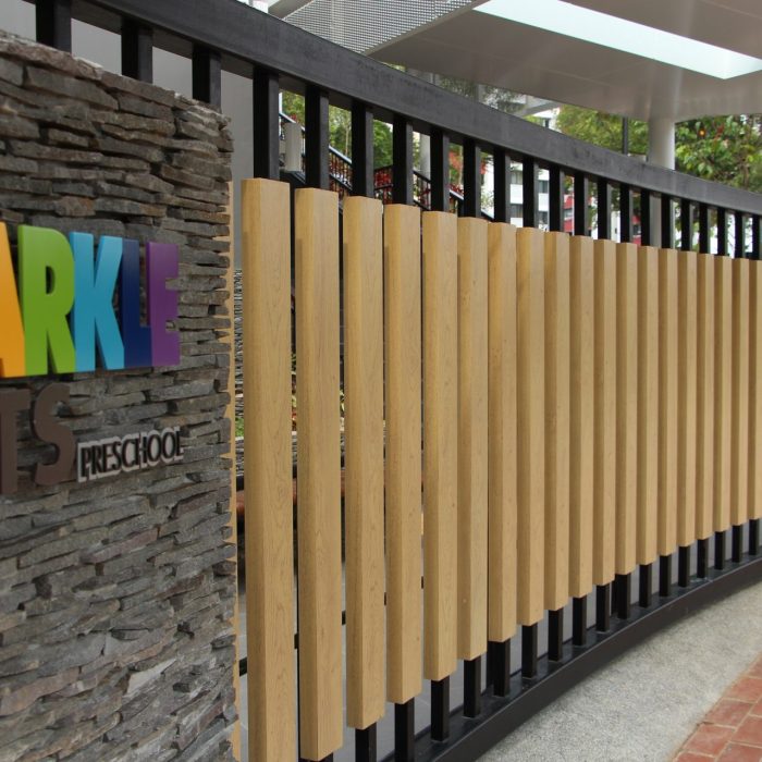 Woodgrain finish at school entrance